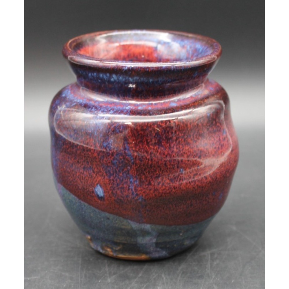 Studio Pottery Vase Red Blue Purple Drip Glaze Small Handmade Art Pottery 5"